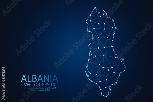 Abstract mash line and point scales on Dark background with map of Albania. Wire frame 3D mesh polygonal network line, design polygon sphere, dot and structure. Vector illustration eps 10.