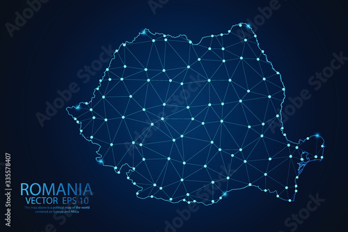 Abstract mash line and point scales on Dark background with map of Romania. Wire frame 3D mesh polygonal network line, design polygon sphere, dot and structure. Vector illustration eps 10.