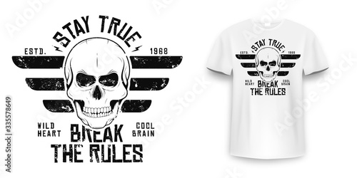 Rock and roll t-shirt graphic design with skull. Rock music slogan for t-shirt print and poster. Skull with grunge texture in vintage and hipster style