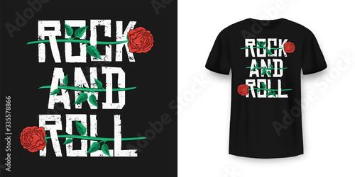 Rock and Roll t-shirt design. Red roses between typography. Vintage rock music style graphic for t-shirt print, slogan t-shirt print