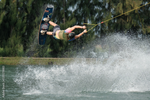 Young athlete Of Thailand is practicing sportWater Board at the wake park canal 6 on October 7, 2018.
