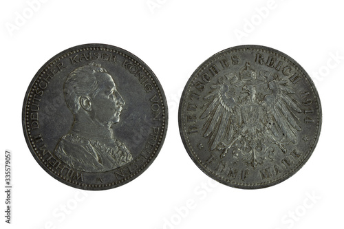 Germany Empire Prussia Prussian silver coin 5 five mark 1914, head of Kaiser Wilhelm II , imperial eagle with shield on chest surrounded by order chain photo