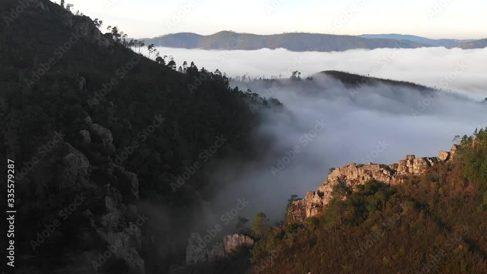 Morning view over a river covered with dense fog Morning view over a river covered with dense fog