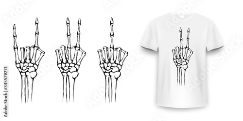 T-shirt design with skeleton hands. Vintage typography for tee print, skeleton hand with different gestures. Hand drawn human hands with bones fo tee print