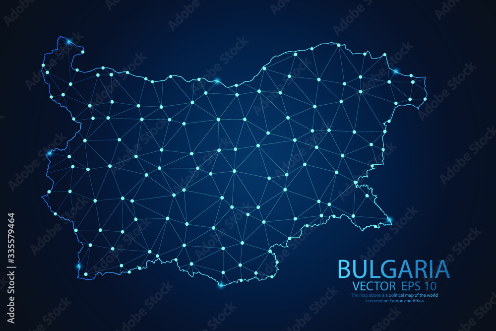Abstract mash line and point scales on Dark background with map of Bulgaria. Wire frame 3D mesh polygonal network line, design polygon sphere, dot and structure. Vector illustration eps 10.