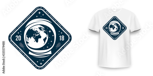 Space badge with astronaut helmet. Vintage astronaut label, patch or embroidery for t-shirt print. T-shirt graphic in space concept