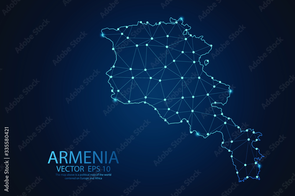 Obraz premium Abstract mash line and point scales on dark background with Map of Armenia. Wire frame 3D mesh polygonal network line, polygon design sphere, dot and structure. Vector illustration eps 10.