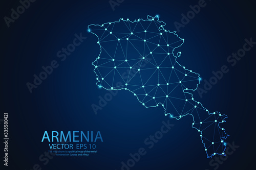Abstract mash line and point scales on dark background with Map of Armenia. Wire frame 3D mesh polygonal network line, polygon design sphere, dot and structure. Vector illustration eps 10.