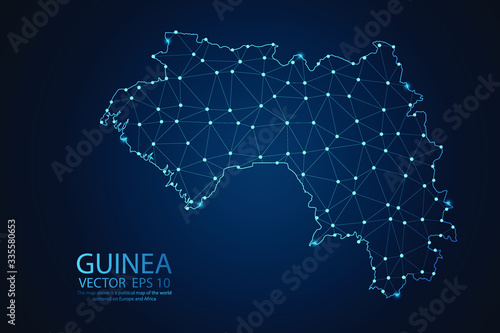 Abstract mash line and point scales on dark background with Map of Guinea. Wire frame 3D mesh polygonal network line, polygon design sphere, dot and structure. Vector illustration eps 10.