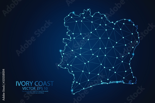 Abstract mash line and point scales on dark background with Map of Ivory Coast. Wire frame 3D mesh polygonal network line, polygon design sphere, dot and structure. Vector illustration eps 10.