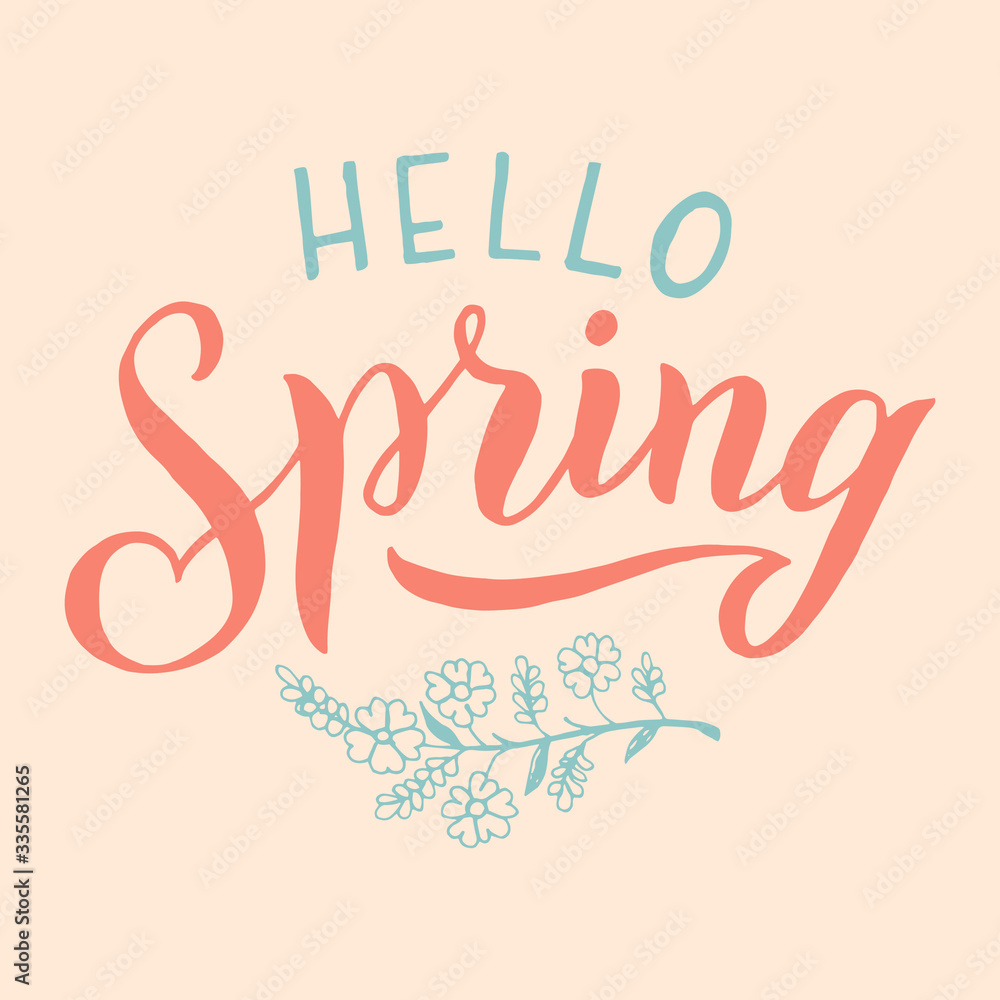 Hello Spring text phrase. Handwritten typography design. Trendy font poster, card, print, planner cover. Vector eps 10. Hello Spring text phrase. Handwritten typography design. Trendy font poster, card, print, planner cover. Vector eps 10.