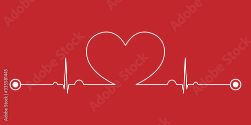 Normal electrocardiogram (ECG ,EKG) pattern with heart shape on red background.Pulse rate line.Cardiac beat.Vital sign.Medical health care concept.Vector.Illustration. photo