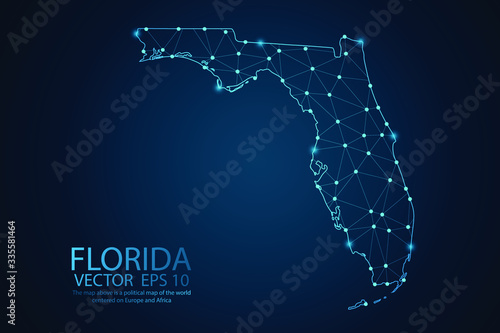 Abstract mesh line and point scales on dark background with map of Florida. Wire frame 3D mesh polygonal network line, design sphere, dot and structure. Vector illustration eps 10.
