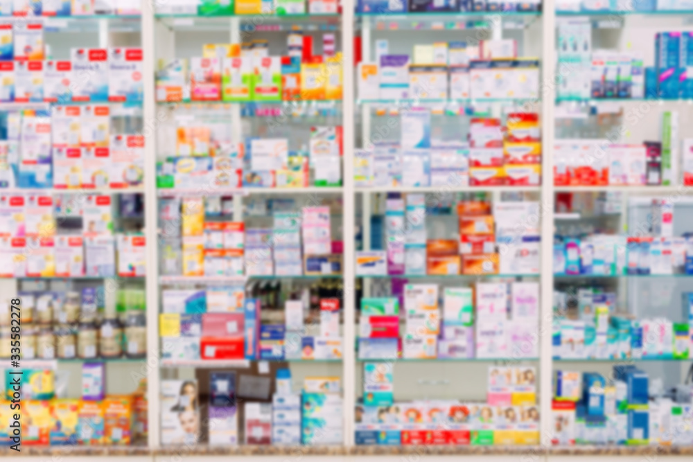 counter store table pharmacy background shelf blurred blur focus drug medical shop drugstore medication blank medicine pharmaceutics.