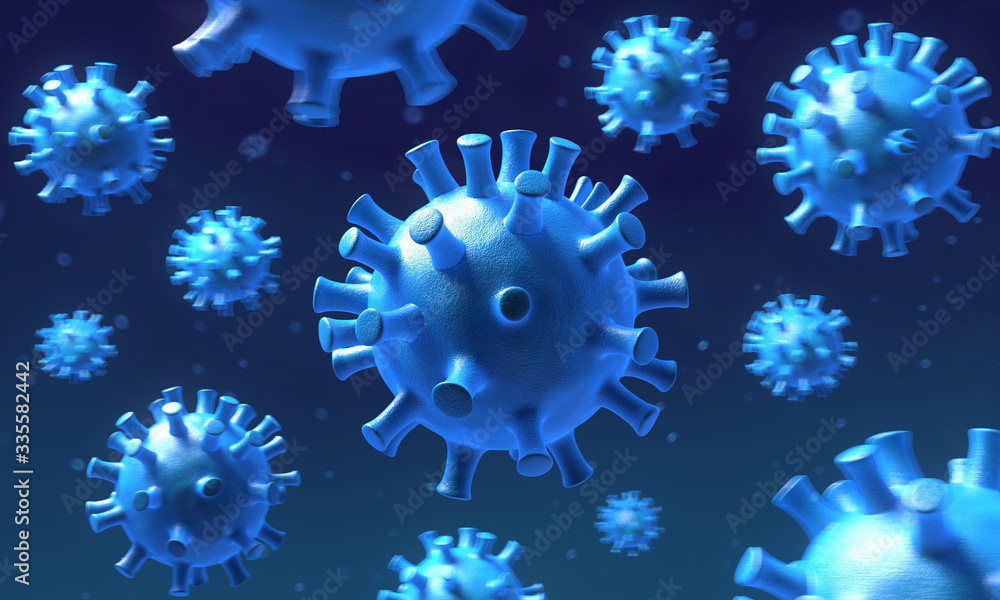Microscopic view of a infectious virus. Corona COVID-19. 3D Rendering Microscopic view of a infectious virus. Corona COVID-19. 3D Rendering