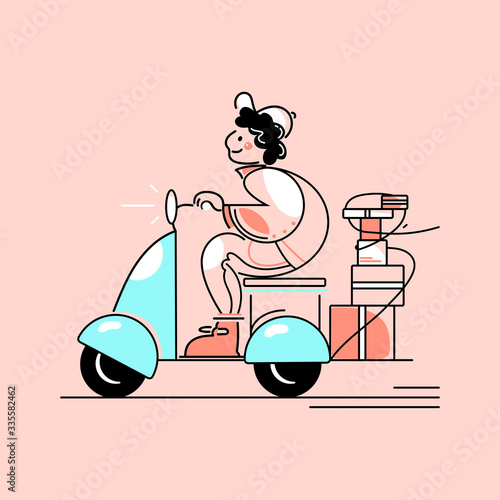 Courier on a moped delivers a package. Flat vector color cartoon