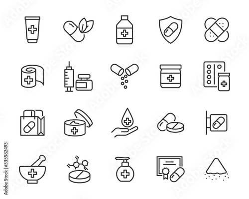 set of medicine icons, pharmacy, drug, pill