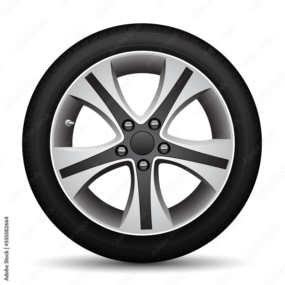 Realistic car wheel alloy black tire on white background vector illustration. Realistic car wheel alloy black tire on white background vector illustration.