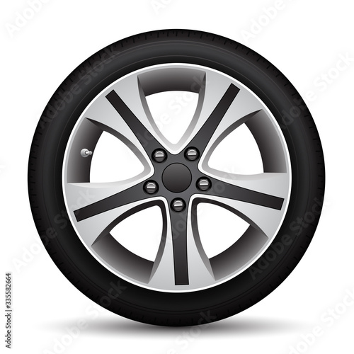 Realistic car wheel alloy black tire on white background vector illustration.