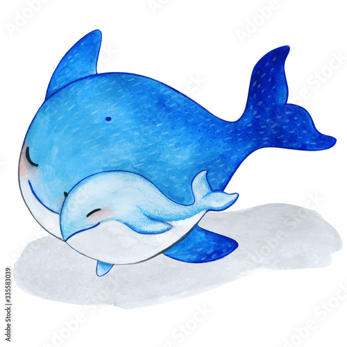 Cute watercolor whale family cuddles