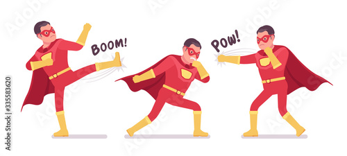 Male super hero in classic red costume fighting poses. Strong brave warrior, superpower man with superior combat and battle skills, successful extraordinary guy. Vector flat style cartoon illustration