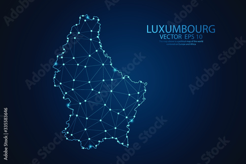 Abstract mash line and point scales on Dark background with map of Luxembourg. Wire frame 3D mesh polygonal network line, design polygon sphere, dot and structure. Vector illustration eps 10.