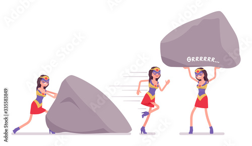 Female super hero in attractive costume carrying stone. Effective wonder warrior superpower sexy woman with combat, battle skills, successful extraordinary lady. Vector flat style cartoon illustration