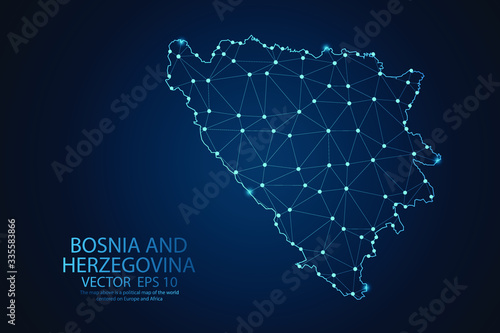 Abstract mash line and point scales on Dark background with map of Bosnia and Herzegovina. Wire frame 3D mesh polygonal network line, design polygon sphere, dot and structure. Vector illustration.
