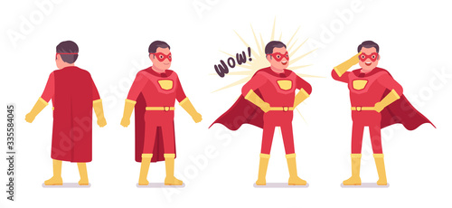 Male super hero in classic red costume. Heroic strong brave warrior, superpower man with superior combat and battle skills, successful extraordinary guy. Vector flat style cartoon illustration