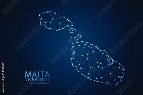 Abstract mash line and point scales on Dark background with map of Malta. Wire frame 3D mesh polygonal network line, design polygon sphere, dot and structure. Vector illustration eps 10.