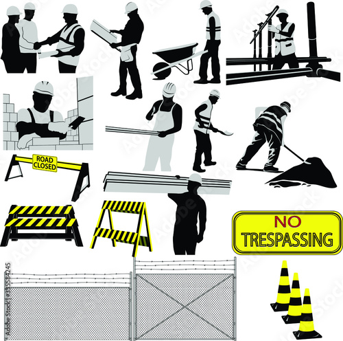 Vector collection of site workers silhouettes and traffic signs on the site.