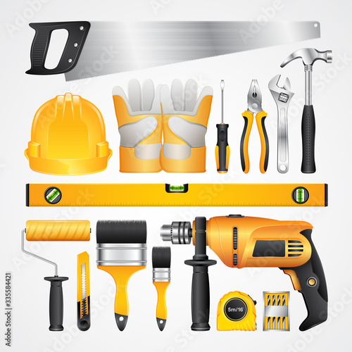 construction concept set all of tools supplies for home construction builder on white background vector illustration