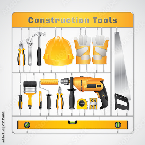 construction concept set all of tools supplies for home construction builder on white background vector illustration
