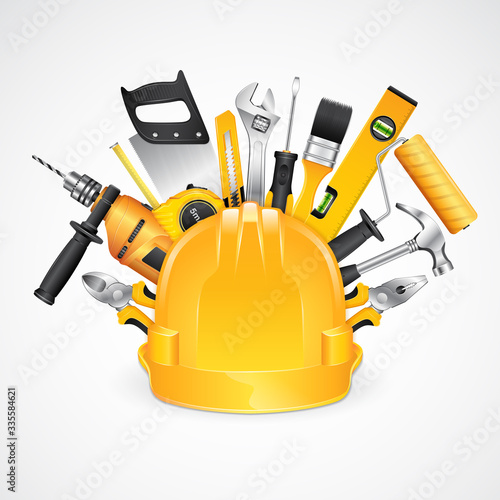 construction concept set all of tools supplies for construction builder on white background vector illustration