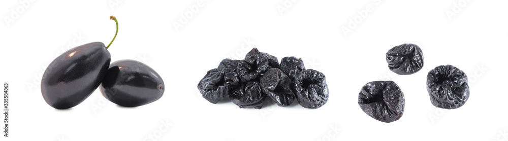Set of fresh plums and dried prunes isolated on white background Set of fresh plums and dried prunes isolated on white background