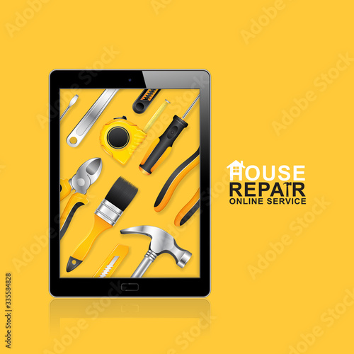 Construction tools online service ipad with set all of tools supplies for house repair builder on yellow background vector illustration