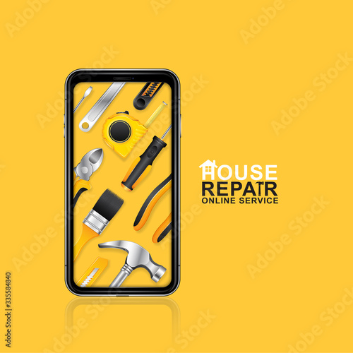Construction tools online service phone with set all of tools supplies for house repair builder on yellow background vector illustration
