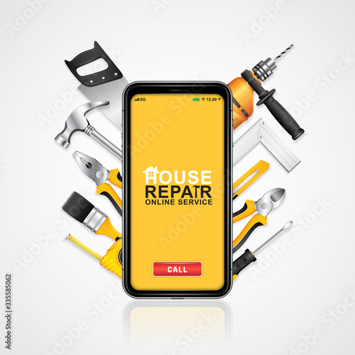 Construction tools online service phone with set all of tools supplies for house repair builder on white background vector illustration