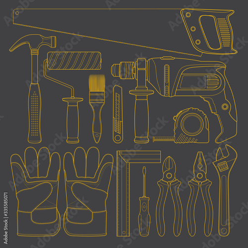Construction tools linear set all of tools supplies for house repair and construction builder on black background vector illustration