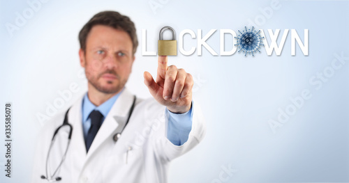 doctor touch screen with the written lockdown text, padlock and blue corona virus symbol icon isolated on white background