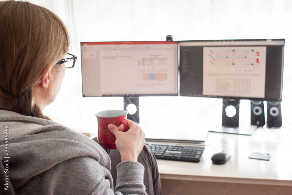Unrecognizable Caucasian young woman scientist with glasses and coffee cup in casual home comfortable clothing working on computer with 2 monitors from home during covid-19 lock down Unrecognizable Caucasian young woman scientist with glasses and coffee cup in casual home comfortable clothing working on computer with 2 monitors from home during covid-19 lock down