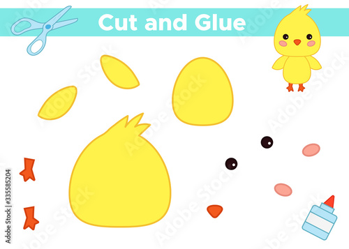 Use scissors and glue create cute kawaii chicken. Educational paper game for preschool children. Activity worksheet. Happy Easter.