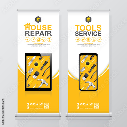 construction tools service roll up design and standee banner template for exhibition