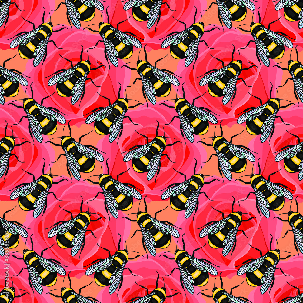 Naklejka premium Bumblebee insect seamless pattern and rose flowers. eps10 vector stock illustration