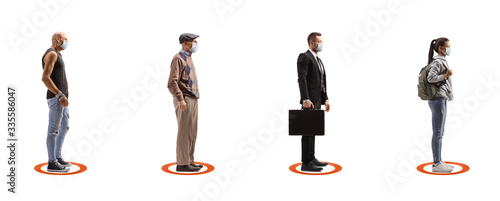 Fotografie Social distance between people waiting in line and standing inside circles