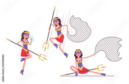Female super hero in attractive costume attacking with net, trident. Effective wonder warrior, superpower sexy woman with combat, battle skills, successful lady. Vector flat style cartoon illustration
