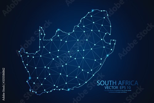 Abstract mash line and point scales on Dark background with map of South Africa. Wire frame 3D mesh polygonal network line, design polygon sphere, dot and structure. Vector illustration eps 10.