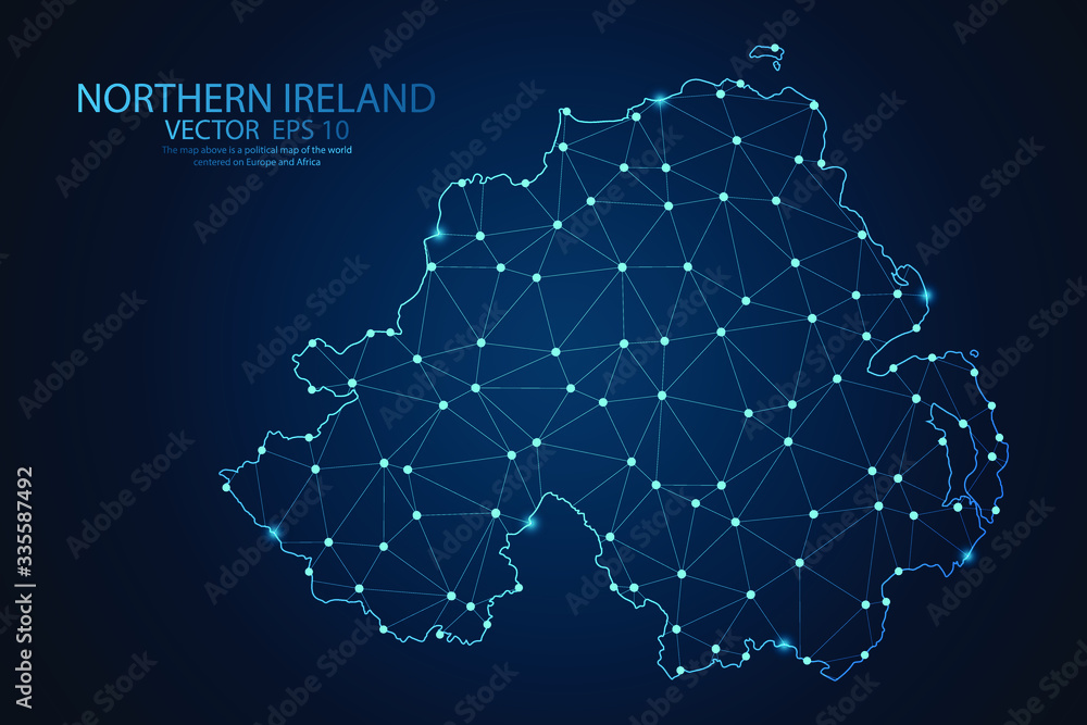 Obraz premium Abstract mash line and point scales on Dark background with map of Northern Ireland. Wire frame 3D mesh polygonal network line, design polygon sphere, dot and structure. Vector illustration eps 10.