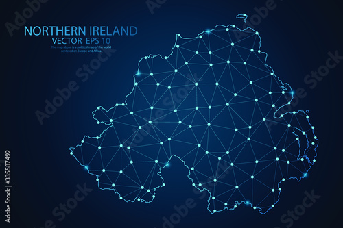 Abstract mash line and point scales on Dark background with map of Northern Ireland. Wire frame 3D mesh polygonal network line, design polygon sphere, dot and structure. Vector illustration eps 10.