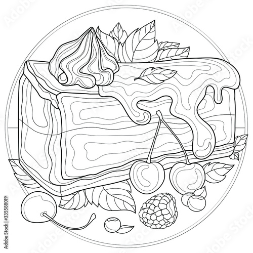 Delicious cheesecake with jam, cherry, raspberries, blueberries and mint.Tasty sweets.Coloring book antistress for children and adults. Zen-tangle style.Black and white drawing